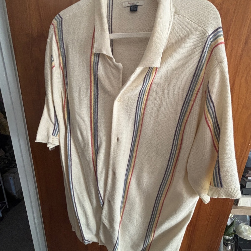 American Eagle Outfitters Pride Cream Polo Button up with Multicolor Stripes